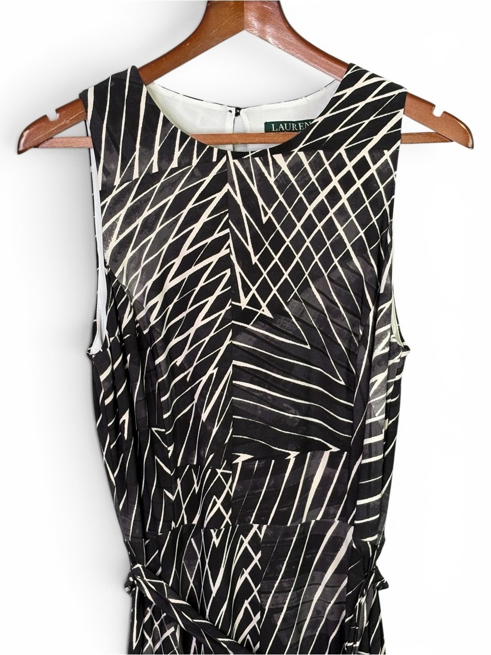 Lauren Ralph Lauren Geometric Midi Dress 12 Tie Waist Black Gray Ivory - Picture 5 of 13